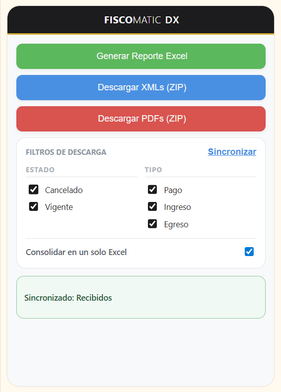 Panel Fiscomatic DX — Modo por estado