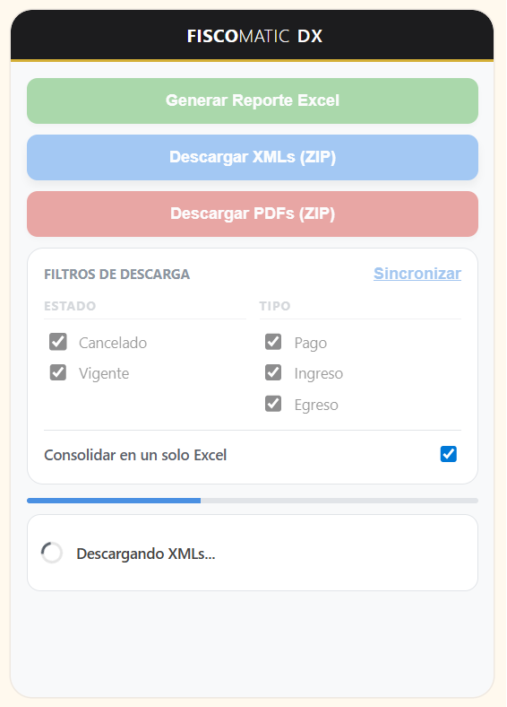Panel Fiscomatic DX — Modo por tipo