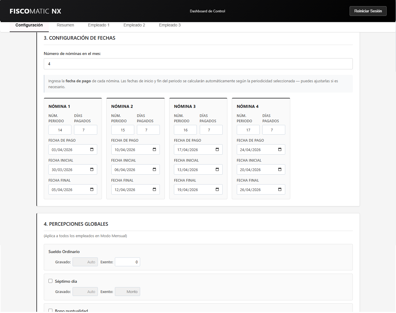 Dashboard NX — configuración de nóminas